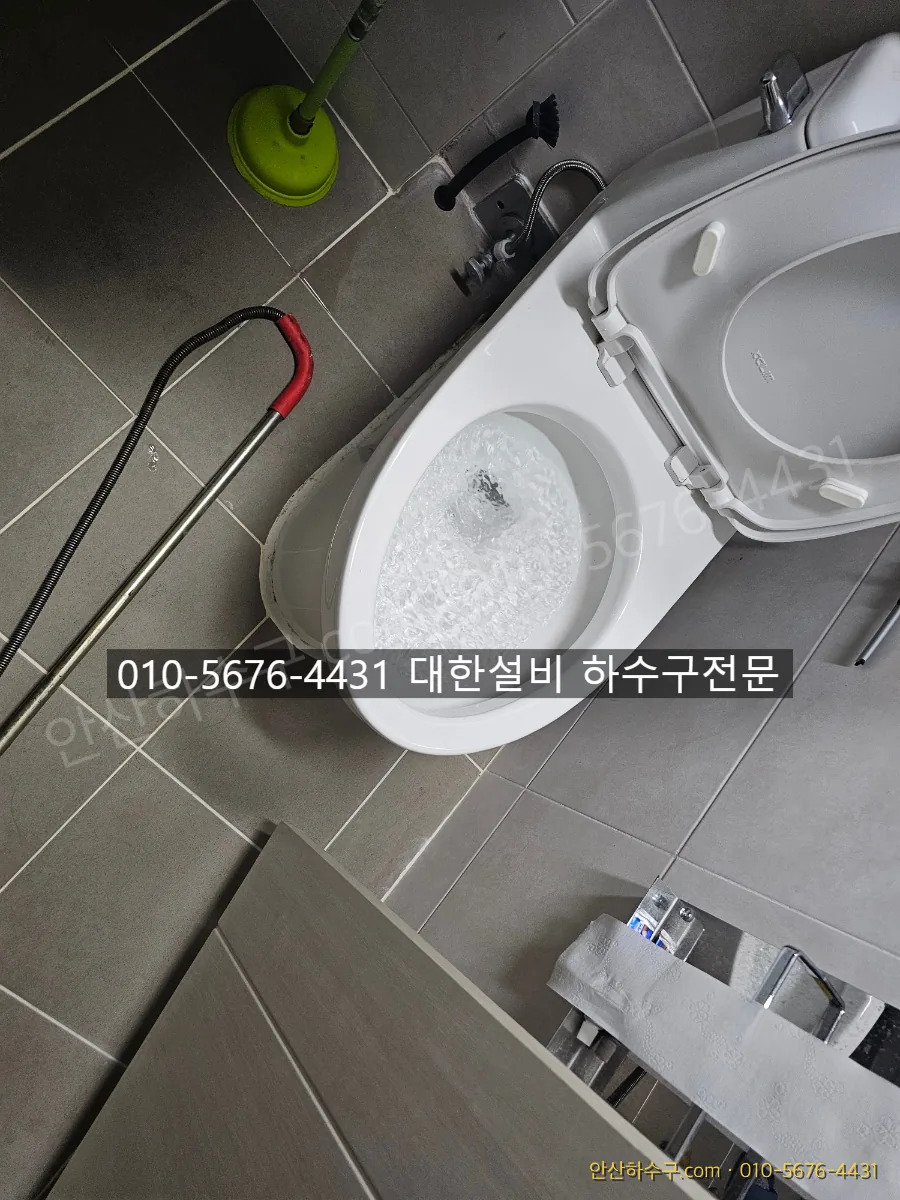 물이 서서히 빠지는 변기 상태를 점검하는 모습